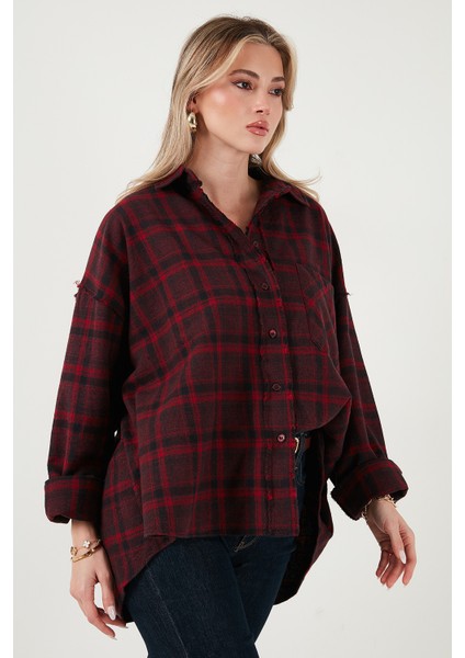 Ekoseli Pamuklu Oversize Fit Klasik Yaka Gömlek Bayan Gömlek 6835002 modelleri