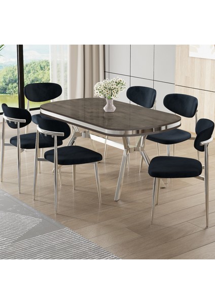Olya Serisi 90X168 Lak Panel Antrasit Ironi Masa Takımı Krom Ayaklı 6 Sandalye