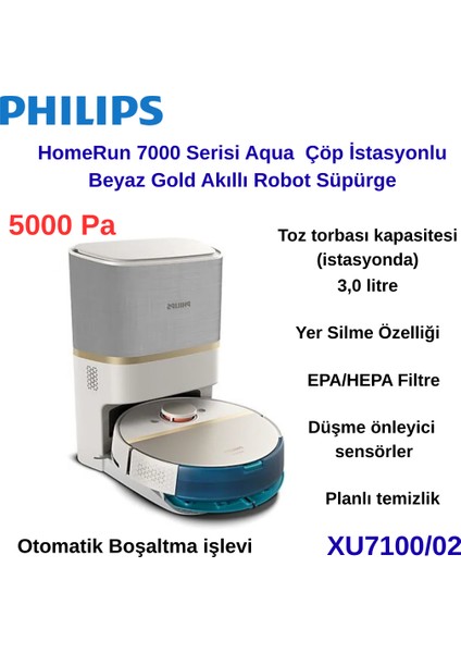 XU7100/02 7000 Serisi Islak ve Kuru Otomatik Boşaltma Istasyonlu Beyaz Robot Süpürge Beyaz