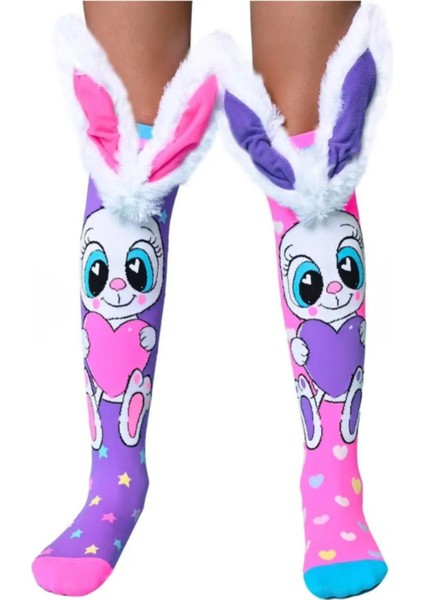 Beyaz Tavşan Figürlü Kulaklı Diz Altı Çorap