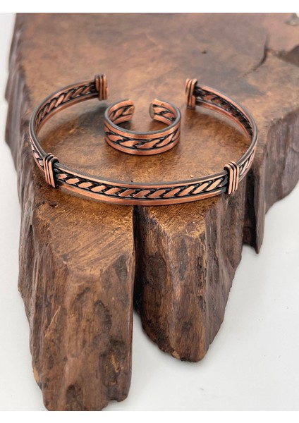 Ayarlanabilir %100 Saf Bakır Bileklik Bakır Yüzük Kombini El Yapımı Bileklik Yüzük