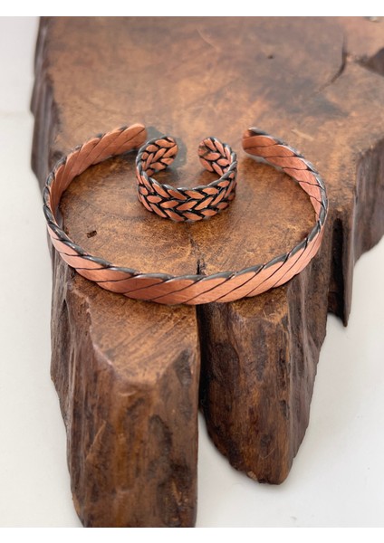 Ayarlanabilir %100 Saf Bakır Bileklik Bakır Yüzük Kombini El Yapımı Bileklik Yüzük