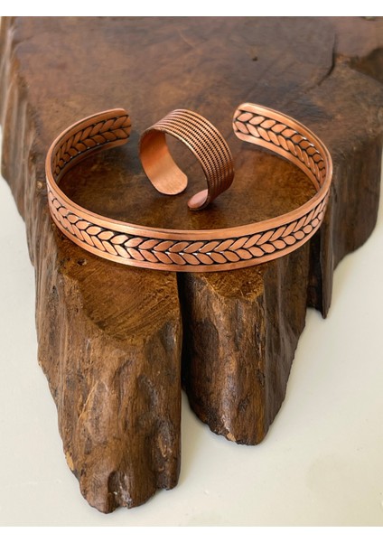 Ayarlanabilir %100 Saf Bakır Bileklik Bakır Yüzük Kombini El Yapımı Bileklik Yüzük