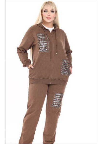 Kadın Büyük Beden Kapüşonlu Pul Payet Taş Işlemeli Lazer Kesim Cepli Fermuarlı Pamuk Eşofman Takımı modelleri