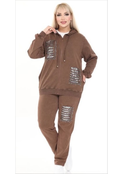 Kadın Büyük Beden Kapüşonlu Pul Payet Taş Işlemeli Lazer Kesim Cepli Fermuarlı Pamuk Eşofman Takımı fırsatları