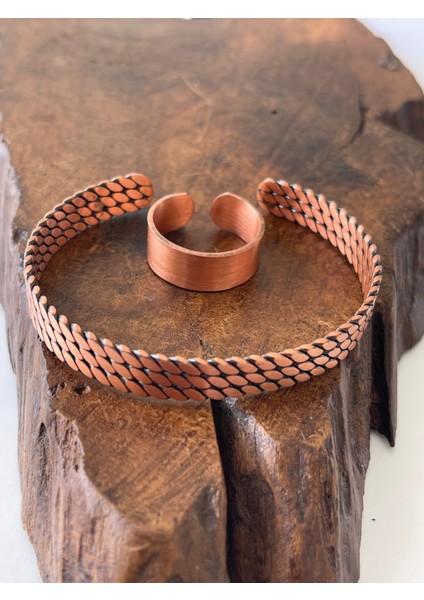 Ayarlanabilir %100 Saf Bakır Bileklik Bakır Yüzük Kombini El Yapımı Bileklik Yüzük