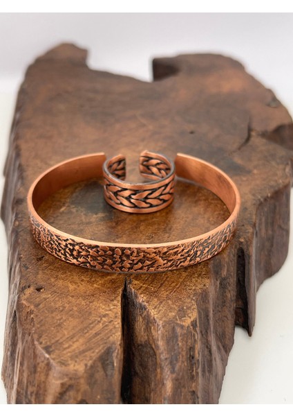 Ayarlanabilir %100 Saf Bakır Bileklik Bakır Yüzük Kombini El Yapımı Bileklik Yüzük