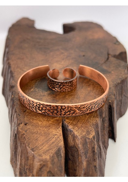 Ayarlanabilir %100 Saf Bakır Bileklik Bakır Yüzük Kombini El Yapımı Bileklik Yüzük