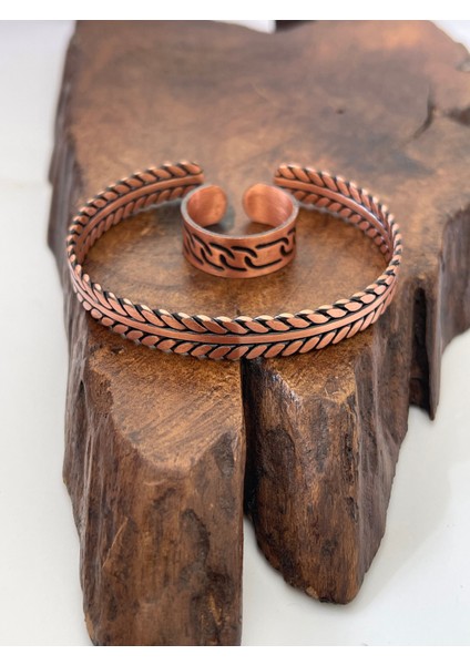 Ayarlanabilir %100 Saf Bakır Bileklik Bakır Yüzük Kombini El Yapımı Bileklik Yüzük