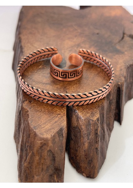 Ayarlanabilir %100 Saf Bakır Bileklik Bakır Yüzük Kombini El Yapımı Bileklik Yüzük