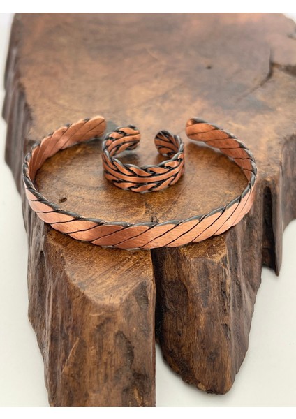 Ayarlanabilir %100 Saf Bakır Bileklik Bakır Yüzük Kombini El Yapımı Bileklik Yüzük