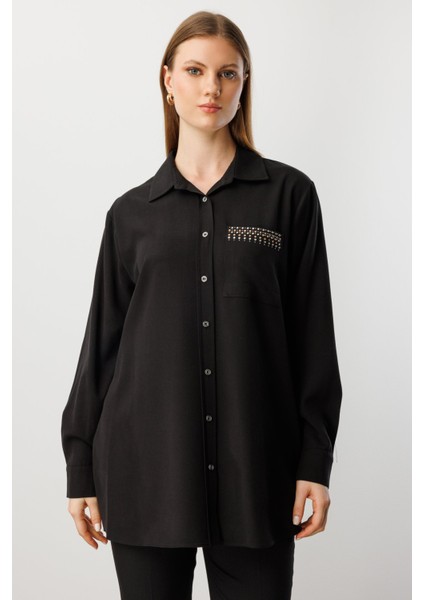 Kadın Büyük Beden Cebi Taş Işlemeli Gömlek 3561 Siyah
