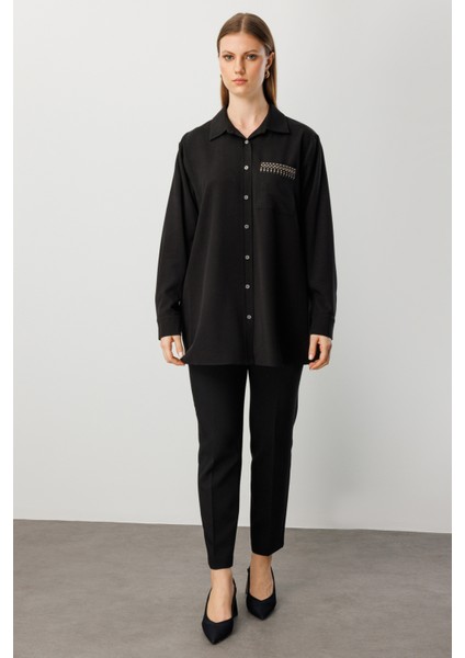 Kadın Büyük Beden Cebi Taş Işlemeli Gömlek 3561 Siyah modelleri