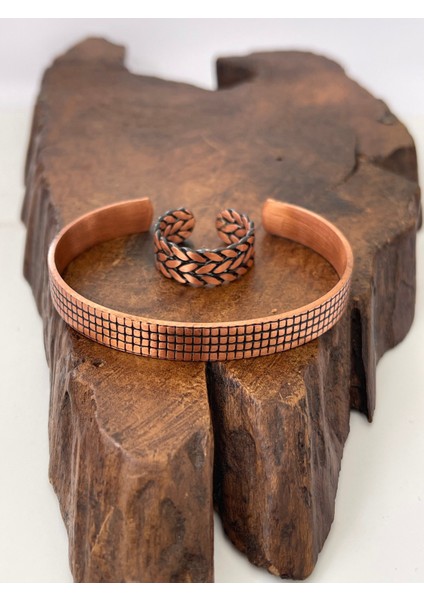 Ayarlanabilir ½100 Saf Bakır Bileklik Bakır Yüzük Kombini El Yapımı Bileklik Yüzük