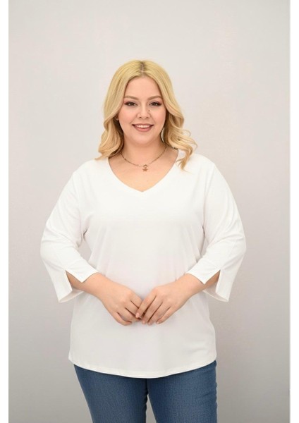 Kadın Büyük Beden Bantlı V Yaka Bluz 1919-25