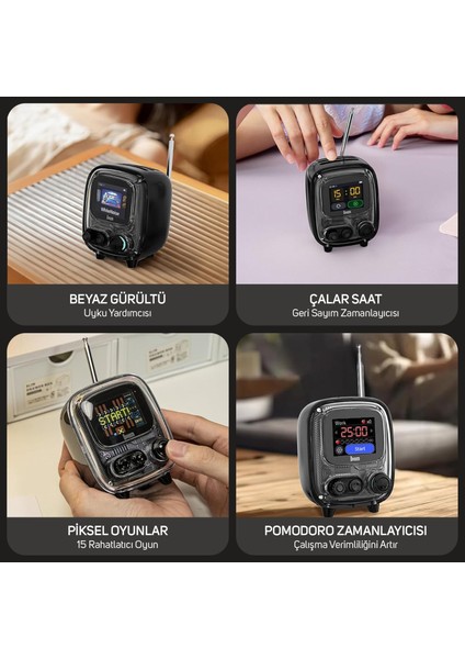 Tiivoo-2 Fm Radyolu Mini Bluetooth Hoparlör, Kablosuz Piksel Ekranlı Retro Taşınabilir Ses Bombası, Siyah modelleri