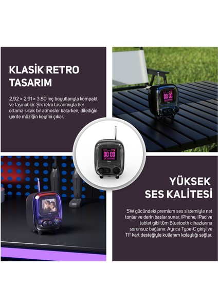 Tiivoo-2 Fm Radyolu Mini Bluetooth Hoparlör, Kablosuz Piksel Ekranlı Retro Taşınabilir Ses Bombası, Siyah fırsatları