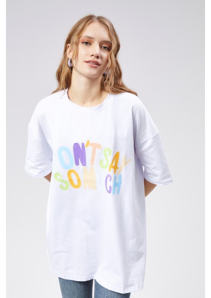 Kadın Bisiklet Yaka Baskılı Kısa Kollu Oversize Tişört