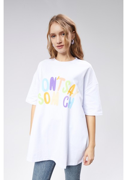 Kadın Bisiklet Yaka Baskılı Kısa Kollu Oversize Tişört fiyatları