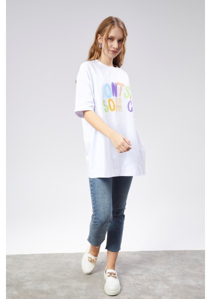 Kadın Bisiklet Yaka Baskılı Kısa Kollu Oversize Tişört fırsatları