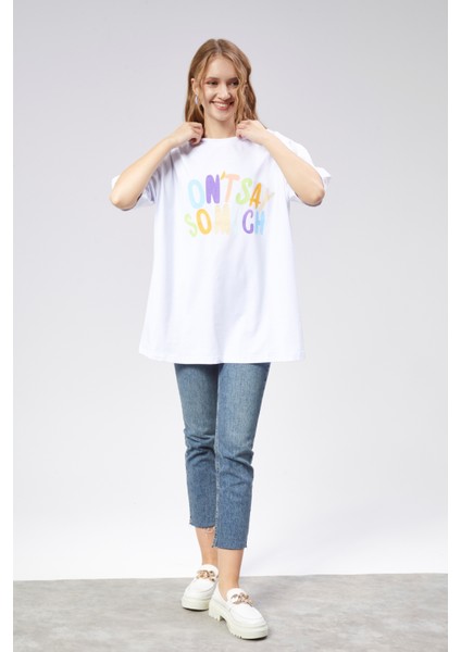 Kadın Bisiklet Yaka Baskılı Kısa Kollu Oversize Tişört