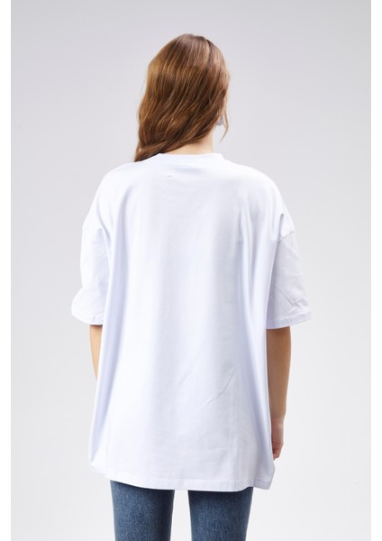 Kadın Bisiklet Yaka Baskılı Kısa Kollu Oversize Tişört