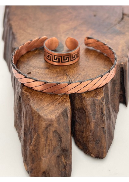 Ayarlanabilir %100 Saf Bakır Bileklik Bakır Yüzük Kombini El Yapımı Bileklik Yüzük