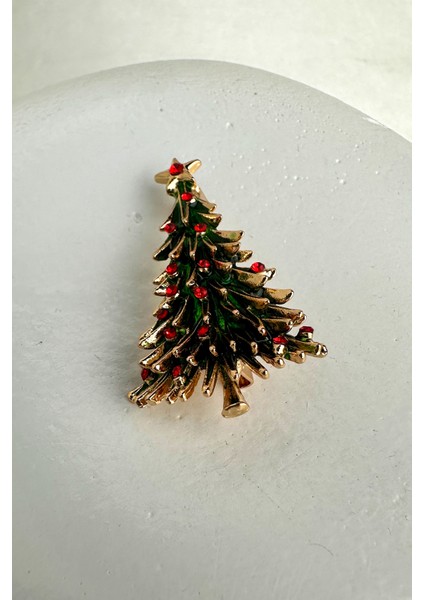 Yılbaşı Özel Taş Detay Minimal Yeşil Çam Ağacı Broş (4cm)