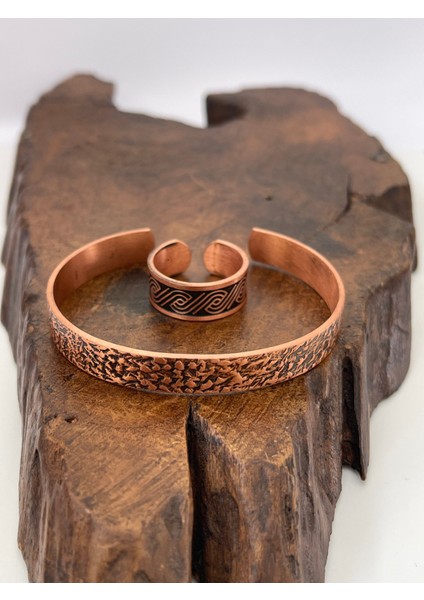 Ayarlanabilir %100 Saf Bakır Bileklik Bakır Yüzük Kombini El Yapımı Bileklik Yüzük