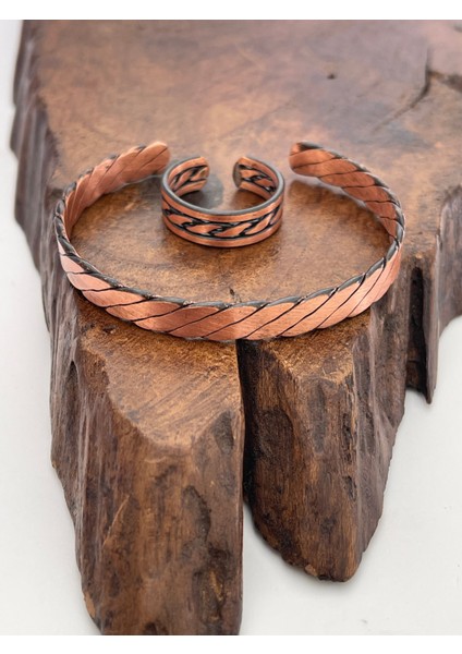 Ayarlanabilir %100 Saf Bakır Bileklik Bakır Yüzük Kombini El Yapımı Bileklik Yüzük