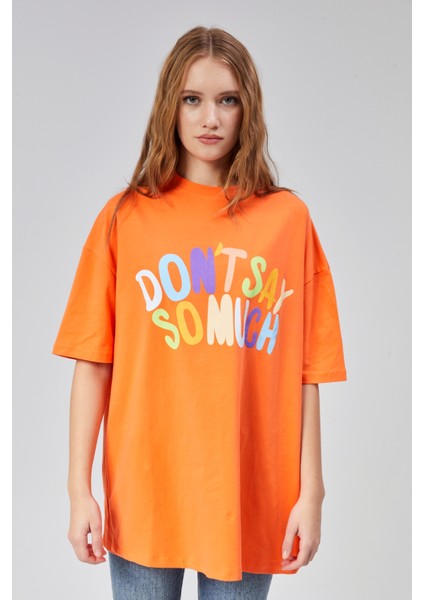 Kadın Bisiklet Yaka Baskılı Kısa Kollu Oversize Tişört