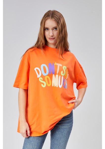 Kadın Bisiklet Yaka Baskılı Kısa Kollu Oversize Tişört