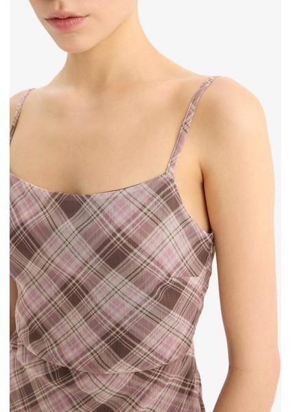 Coool Askılı Kareli Şifon Askılı Mini Elbise