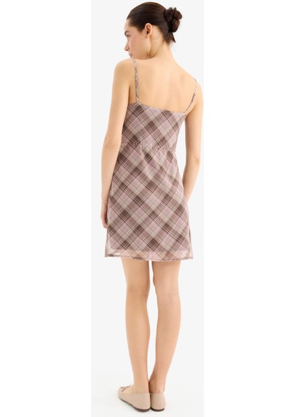 Coool Askılı Kareli Şifon Askılı Mini Elbise