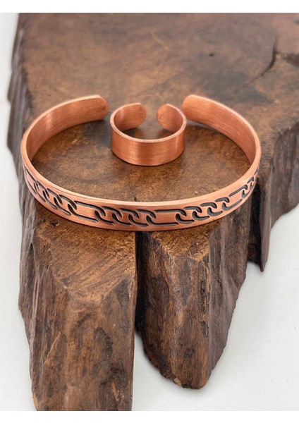 Ayarlanabilir %100 Saf Bakır Bileklik Bakır Yüzük Kombini El Yapımı Bileklik Yüzük