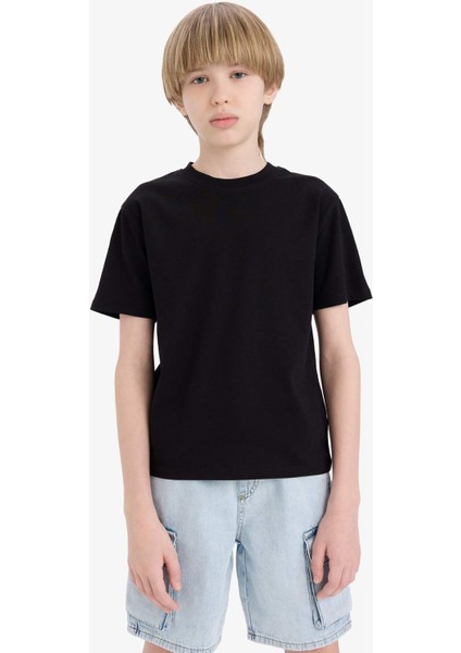 Erkek Çocuk Bisiklet Yaka Basic Düz Kısa Kollu Okul Tişörtü