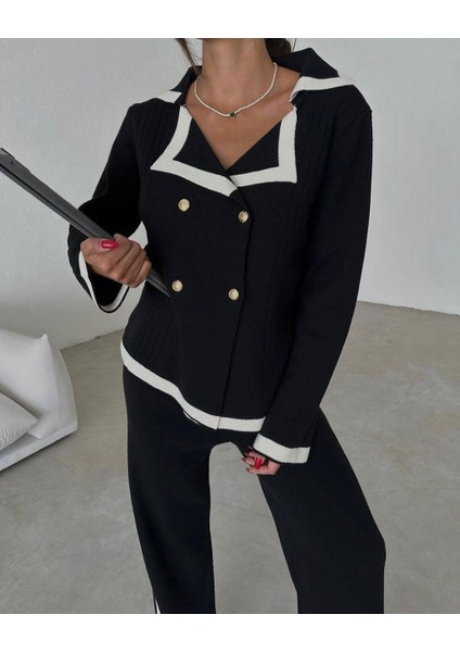 Kadın Gold Düğmeli Triko Takım – Kontrast Şeritli Blazer Üst & Geniş Paça Pantolon fiyatları