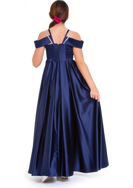 Kız Çocuk Omuz Açık, Taş Detaylı, Uzun Model Lacivert Saten Abiye Elbise fiyatları