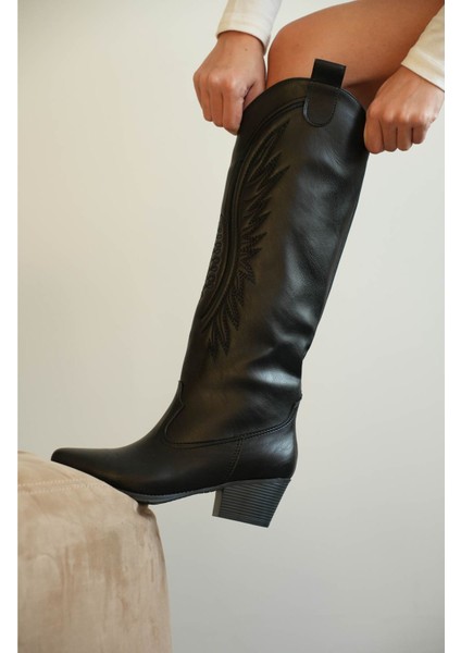Kadın Umke Kovboy Çizme - Siyah-Deri fırsatları