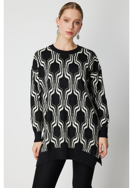 Kadın Desenli Uzun Triko Kazak 65336 Siyah