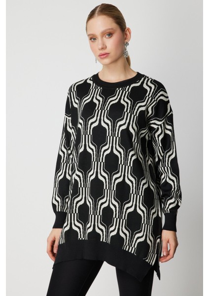 Kadın Desenli Uzun Triko Kazak 65336 Siyah fiyatları