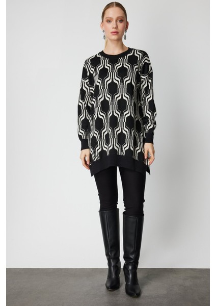 Kadın Desenli Uzun Triko Kazak 65336 Siyah modelleri