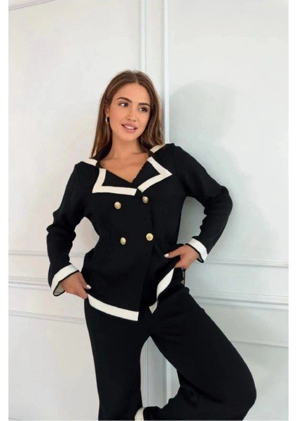 Kadın Gold Düğmeli Triko Takım – Kontrast Şeritli Blazer Üst & Geniş Paça Pantolon modelleri
