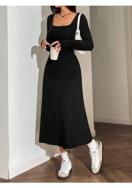 Kadın Uzun Kollu Kare Yaka Midi Kaşkorse Elbise indirimleri