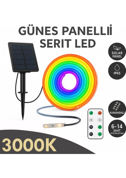 Solar Panelli 3000K Şerit LED Işık – Kumandalı, IP65, Bahçe Ağaç Çit Dekor Aydınlatma Seti