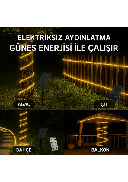 Solar Panelli 3000K Şerit LED Işık – Kumandalı, IP65, Bahçe Ağaç Çit Dekor Aydınlatma Seti modelleri