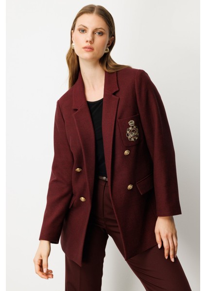 Kadın Büyük Beden Cebi Armalı Ceket 5571 Bordo