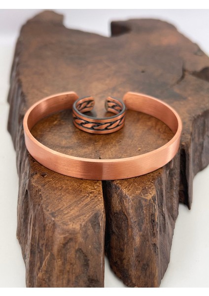 Ayarlanabilir %100 Saf Bakır Bileklik Bakır Yüzük Kombini El Yapımı Bileklik Yüzük