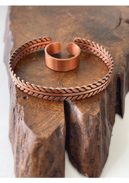 Ayarlanabilir %100 Saf Bakır Bileklik Bakır Yüzük Kombini El Yapımı Bileklik Yüzük