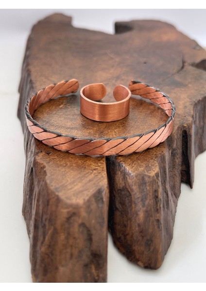 Ayarlanabilir %100 Saf Bakır Bileklik Bakır Yüzük Kombini El Yapımı Bileklik Yüzük